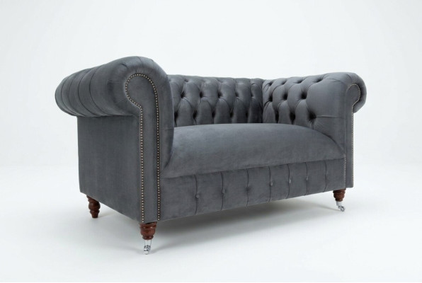 Chesterfield Design Sofa 2-Seater Couch Upholstery Suite Leather Fabric Gray