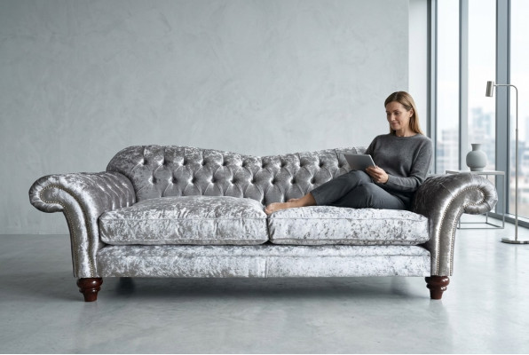 Classic Chesterfield Couch 4 Seater Sofa Velvet Leather Design Gray 240cm