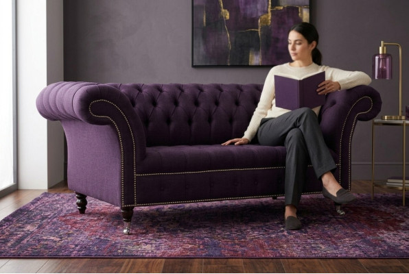 Classic Chesterfield Couch 3-Seater Sofa Couch Velvet Leather Purple Design Upholstery