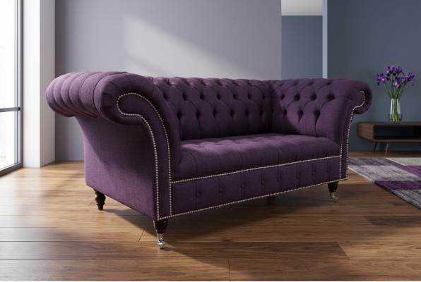 Classic Chesterfield Couch 3-Seater Sofa Couch Velvet Leather Purple Design Upholstery
