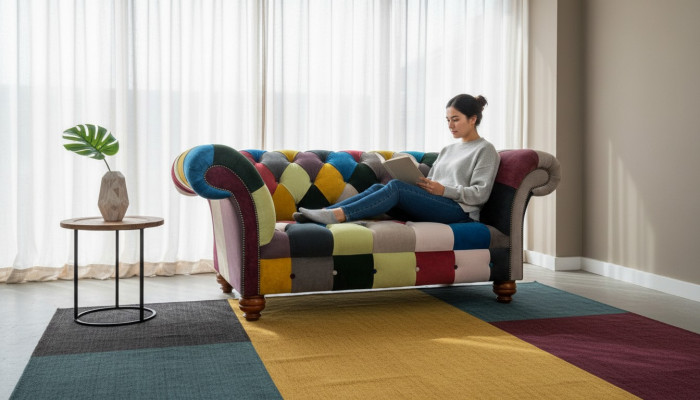 Modern Design Colorful Chesterfield 2-Seater Sofa Fabric Couch Upholstered Design
