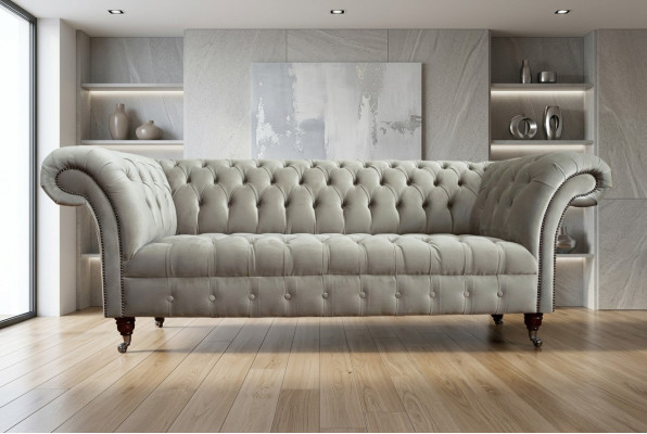 Stylish light gray Chesterfield three-seater luxury living room sofa