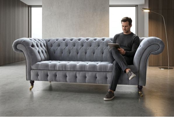 Stylish Grey Chesterfield 3-Seater Luxury Living Room Sofa