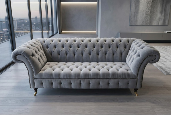 Stylish Grey Chesterfield 3-Seater Luxury Living Room Sofa
