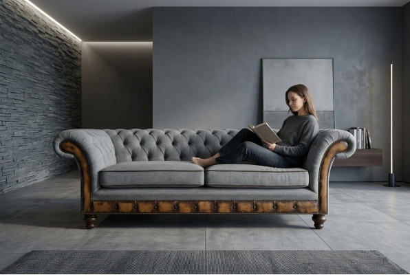 Gray-brown Chesterfield couch designer living room 3-seater sofa
