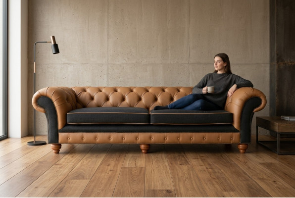 Brown Chesterfield Couch 4-Seater Sofa Velvet Leather Design