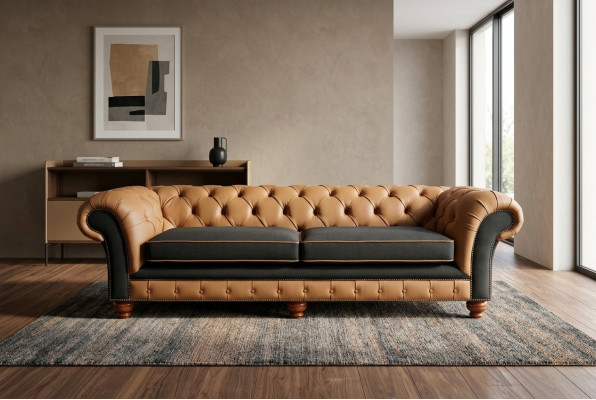 Brown Chesterfield Couch 4-Seater Sofa Velvet Leather Design