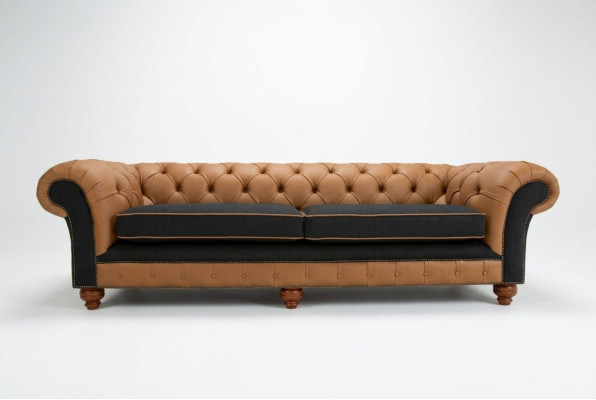 Brown Chesterfield Couch 4-Seater Sofa Velvet Leather Design