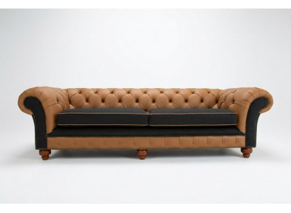 Brown Chesterfield Couch 4-Seater Sofa Velvet Leather Design