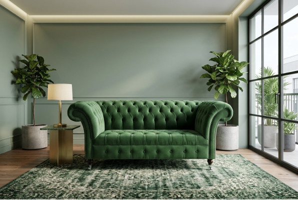 Green Chesterfield Fabric Couch Two-Seater Upholstered Sofa 185cm Fabric Leather New
