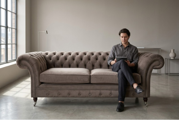 Luxury Taupe Chesterfield Three-Seater Living Room 3-Seater Couch Design Sofa
