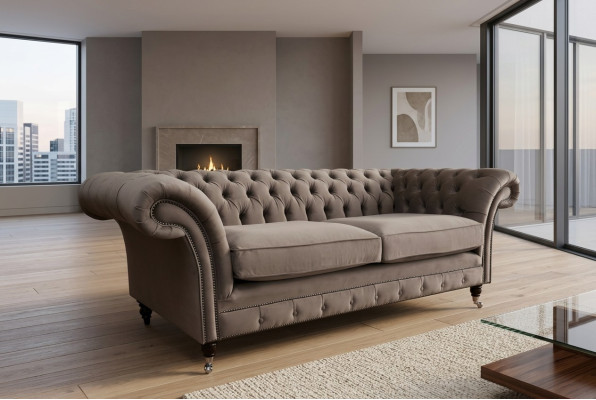 Luxury Taupe Chesterfield Three-Seater Living Room 3-Seater Couch Design Sofa