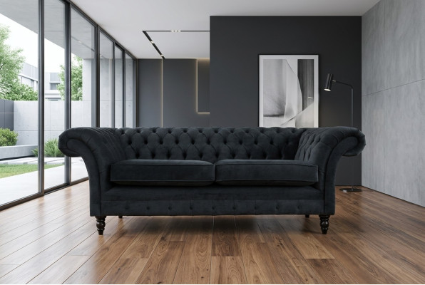 Stylish Black Chesterfield Sofa Designer 3-Seater Luxury Couch
