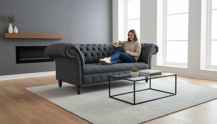 Gray textile sofa gray Chesterfield three-seater luxury living room couch
