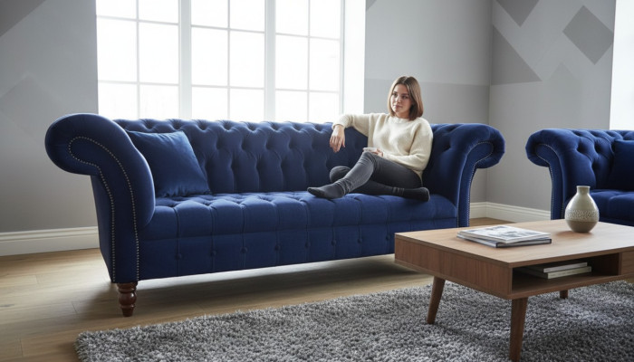 Blue Chesterfield Sofa Couch Design Upholstered Sofas Couches Fabric Textile Leather