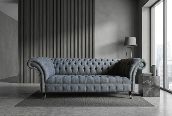 Gray Textile Chesterfield Three-Seater Luxury 3-Person Couch Designer Sofa