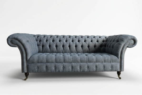 Gray Textile Chesterfield Three-Seater Luxury 3-Person Couch Designer Sofa