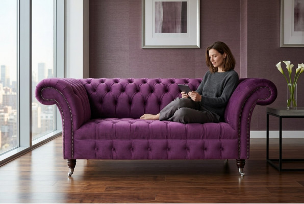 Chesterfield Design Luxury Upholstered Sofa Couch Seat Set Leather Textile Purple New
