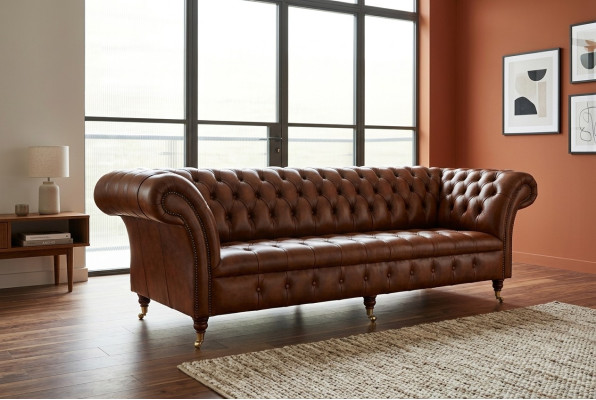 Chesterfield 4-Seater Upholstered Couch Modern Style Leather Fabric Sofa Couches Leather