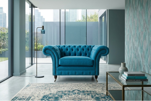 Blue sofa couch cushion Chesterfield seating textile fabric leather couches new