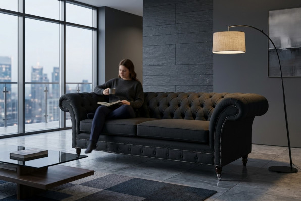 Black Modern Three-Seater Chesterfield Luxury Sofa