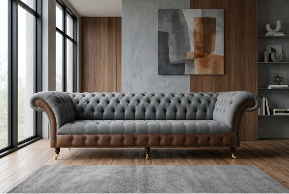 Design Chesterfield Sofa 4-Seater Grey Couch Upholstery Leather Sofas Living Room New