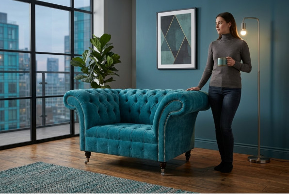 Chesterfield Design Armchair Fabric Couch 1.5 Upholstered Sofas Lounge Velvet Turquoise New