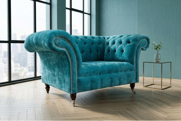 Chesterfield Design Armchair Fabric Couch 1.5 Upholstered Sofas Lounge Velvet Turquoise New