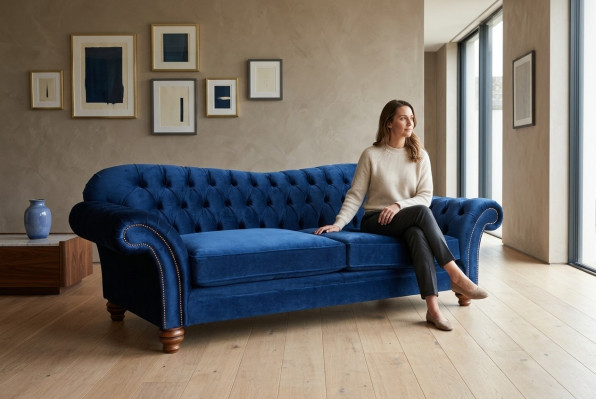 Design 4-Seater Sofa Couch Textile Upholstery Blue Classic Sofas Chesterfield New