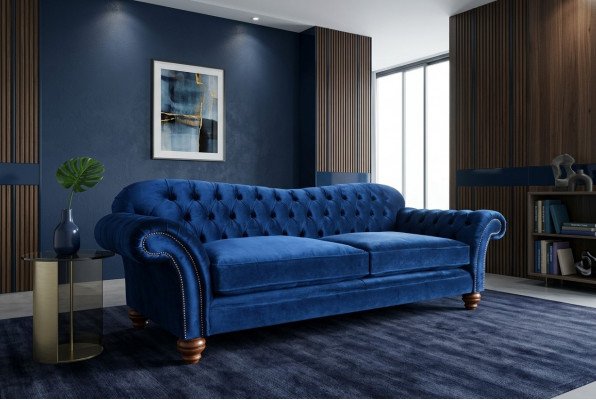 Design 4-Seater Sofa Couch Textile Upholstery Blue Classic Sofas Chesterfield New