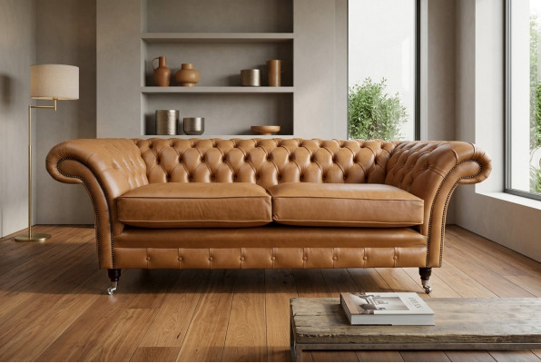 Sofa 3-seater couch Chesterfield upholstered seating set leather brown textile