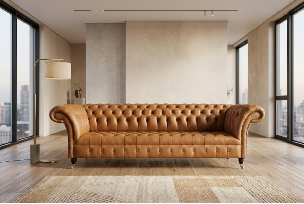 Design Chesterfield Sofa Set 4-Seater Couch Leather Upholstery Brown Luxury Sofa