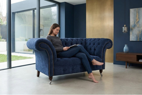 Chesterfield armchair couch upholstery sofa single-seater 1.5-seater blue textile