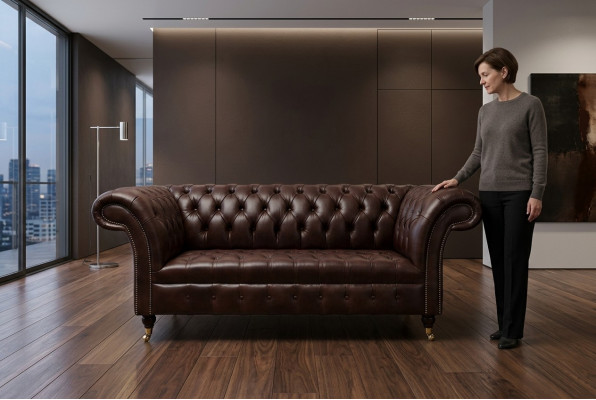 Classic Upholstered Furniture Chesterfield Brown Couch Fabric Leather Upholstery Sofa Seater