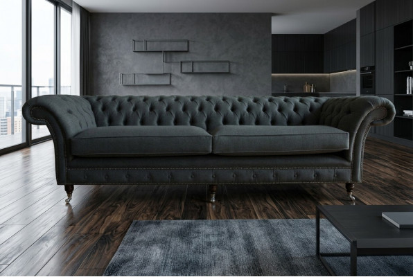 Original Chesterfield textile leather sofa couch upholstery big seat cushion gray 265cm