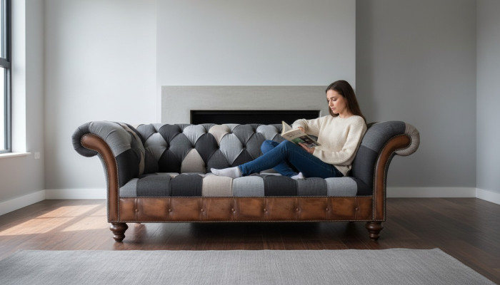 Chesterfield Textile Sofa 3-Seater Sofa Upholstered Sofas Design Luxury Fabric Sofas New