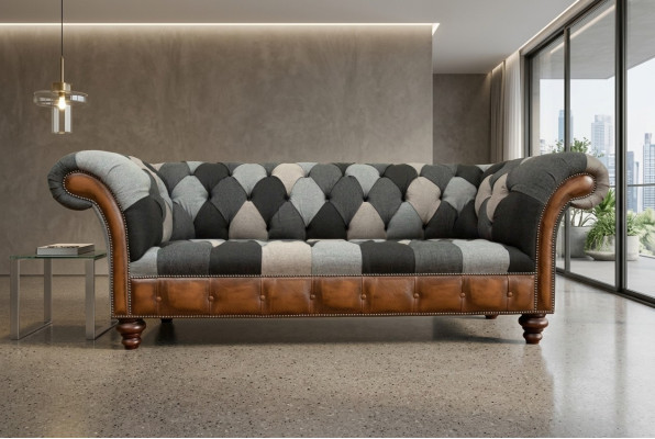Chesterfield Textile Sofa 3-Seater Sofa Upholstered Sofas Design Luxury Fabric Sofas New