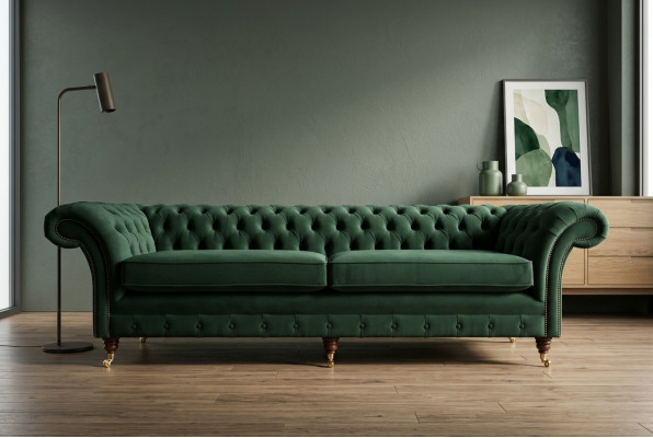 Green Chesterfield textile leather sofa couch upholstery big seat cushion XXL 265cm new