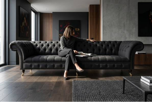 Black Chesterfield textile leather sofa couch upholstery big seat cushion XXL 265cm