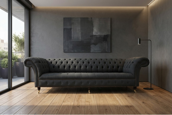 Black Chesterfield textile leather sofa couch upholstery big seat cushion XXL 265cm
