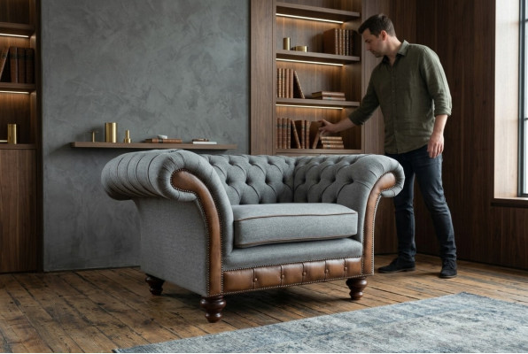 Chesterfield Design Fabric Couch Armchair 1.5 Seater Upholstered Sofas Lounge Velvet Gray