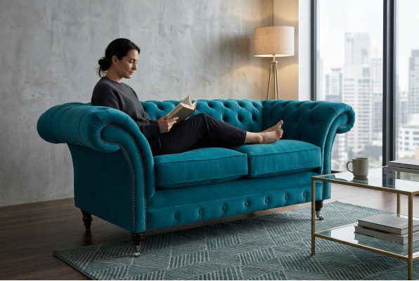 Chesterfield Sofa 2-Seater Upholstered Designer Couches Sofas Set Turquoise Velvet New