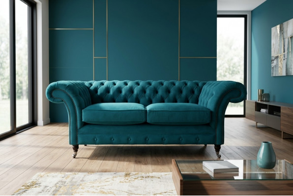 Chesterfield Sofa 2-Seater Upholstered Designer Couches Sofas Set Turquoise Velvet New