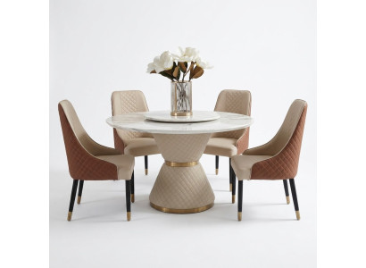 Round dining table + 4 armchairs, 5-piece set with seat cushion upholstery dining set