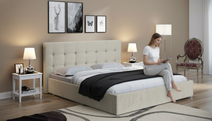 Beige 160x200 bed, bedroom beds, textile leather, hotel luxury upholstery, big new