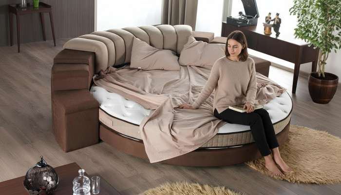 Round bed modern design luxury upholstered round beds textile fabric