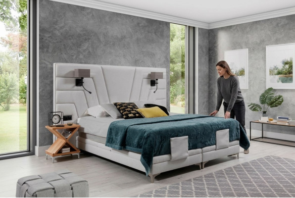 Bed Beds Double Bed Bedroom Leather Upholstery Textile Hotel + Lamps