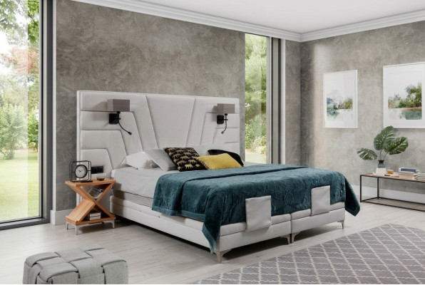 Bed Beds Double Bed Bedroom Leather Upholstery Textile Hotel + Lamps