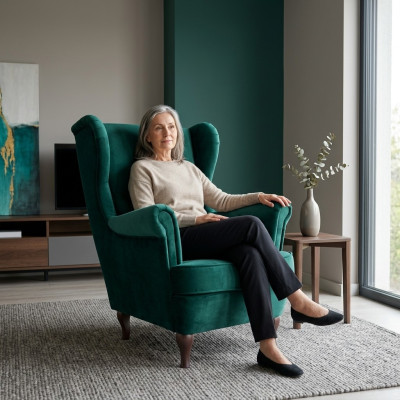 Wing chair, armchair, TV design, upholstered sofa, couch, chesterfield, textile furniture