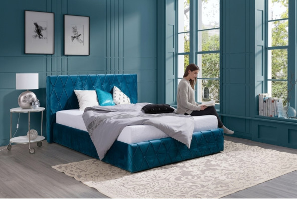 Design Turkish Blue Bed Textile Leather Hotel Beds Bedroom Velvet Upholstery